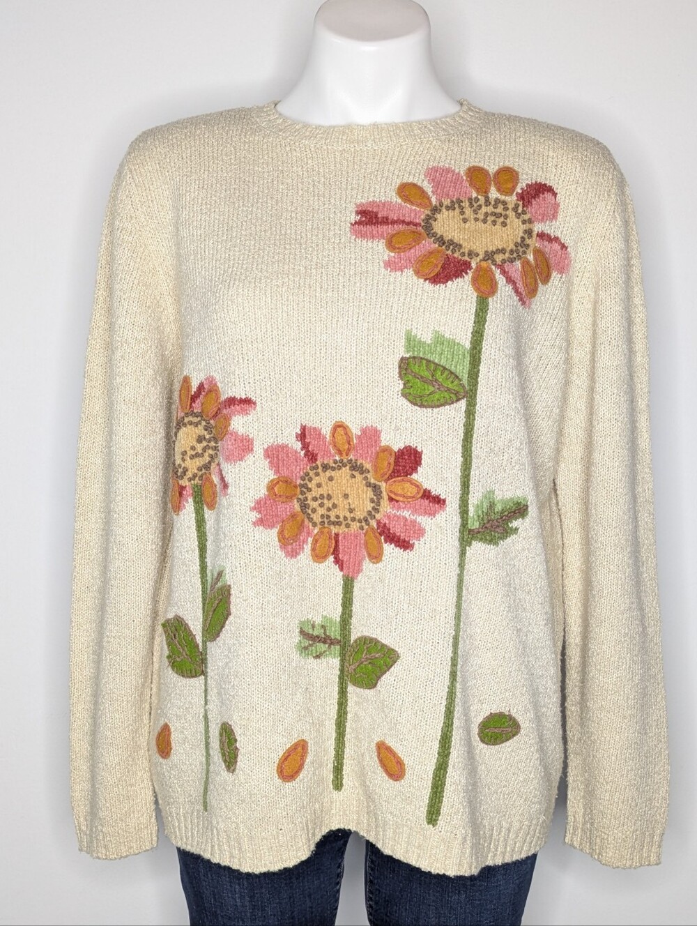 Vintage Alfred Dunner Pink Orange Felt Applique Floral Artsy Unique Sweater L